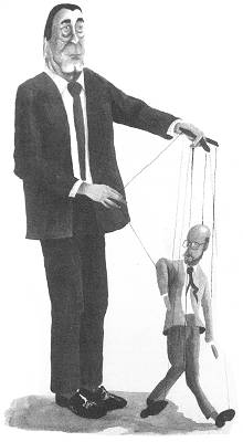 Maxwell controls Clive puppet