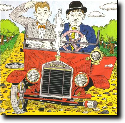Laurel & Hardy in a broken down Sinclair car - holding a guarantee